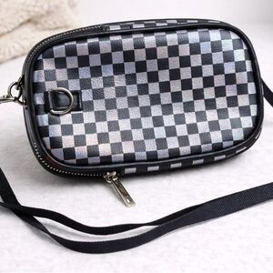 Checkered Black and Silver Women's Mini Crossbody Bag- Festival, Rave